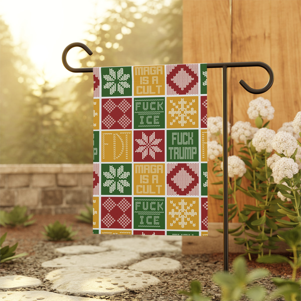 Holiday Christmas Garden Flag Funny Winter Snowflake “MAGA Is a Cult” Design