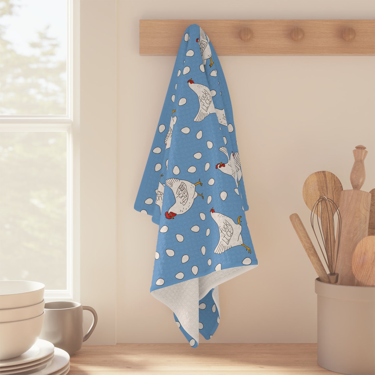 Slightly Subtle White Hen Pattern Microfiber Tea Towel | Blue Polka Dot Farm Kitchen