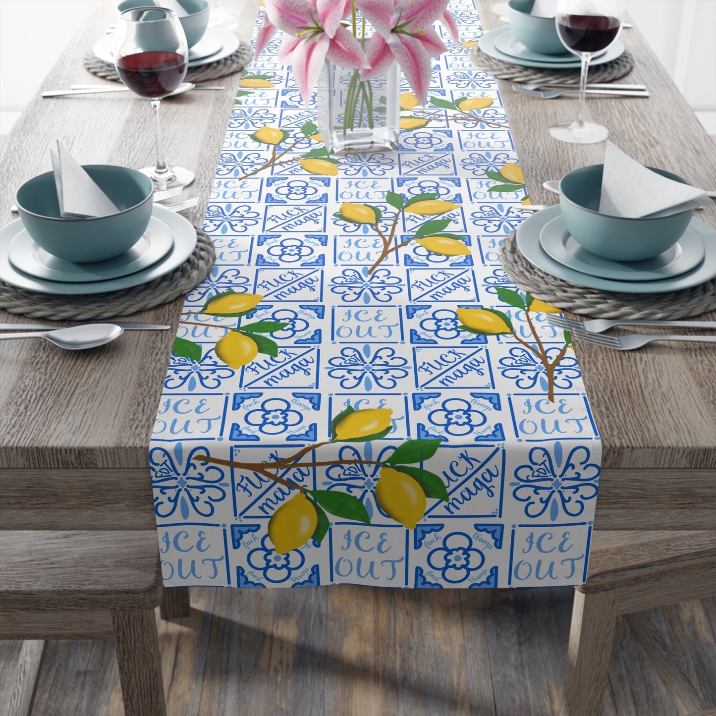 Amalfi Lemon and Blue Tile Pattern Table Runner | Mediterranean Ceramic Blue Motif, Cotton-Poly Blend