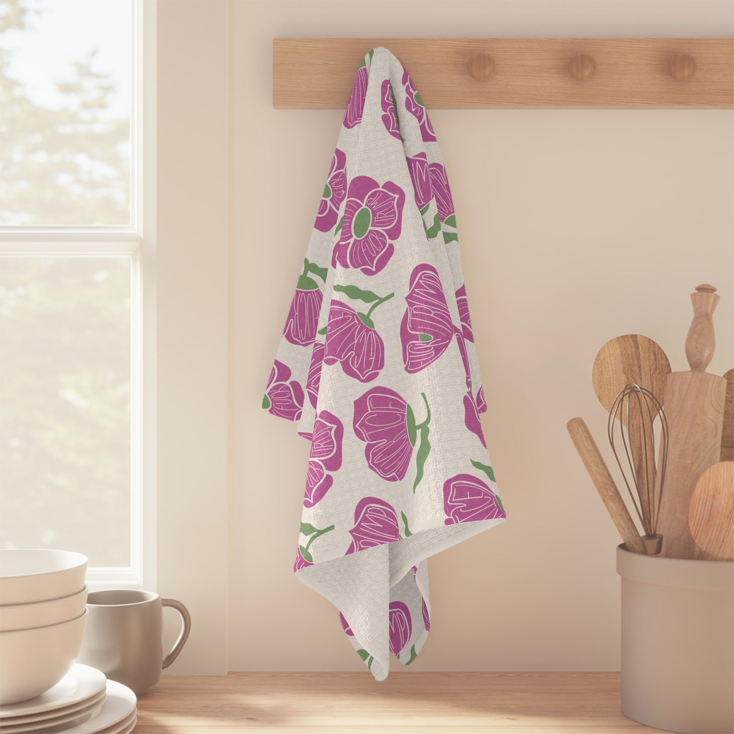 Slightly Subtle Pink Poppy Pattern Microfiber Tea Towel | Floral Kitchen Linen