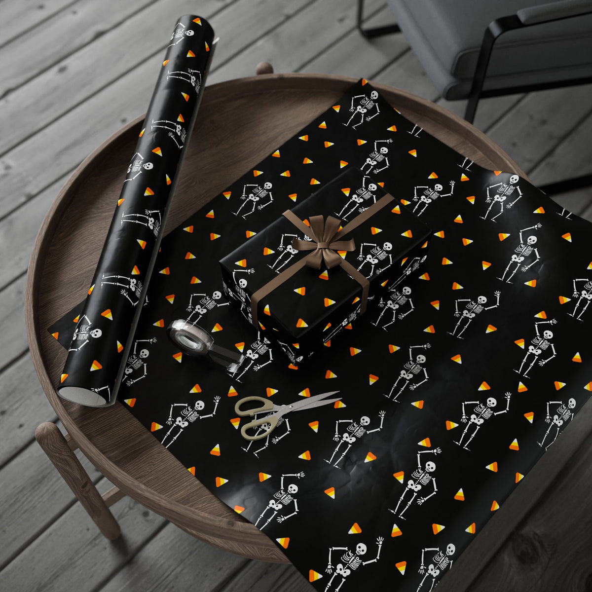 Slightly Subtle Halloween Wrapping Paper, Spooky Trump Gift Wrap for Fall, Skeleton and Candy Corn Design, Cute Holiday Party Supplies