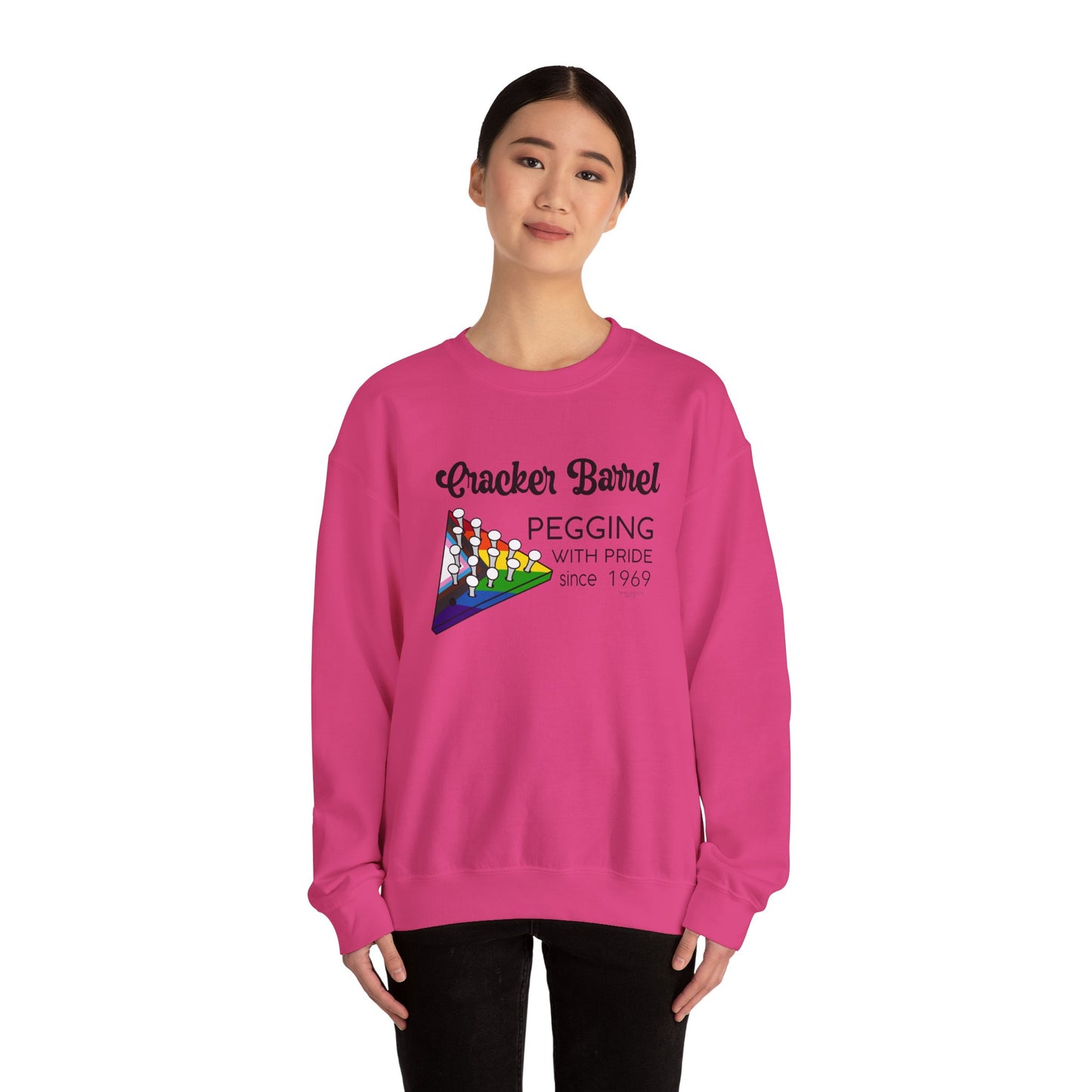 Pegging with Pride Crewneck Sweatshirt, LGBTQ+ Gift, Retro Game Design Unisex, Perfect for Celebrations or Casual Wear, Fun Gift Idea