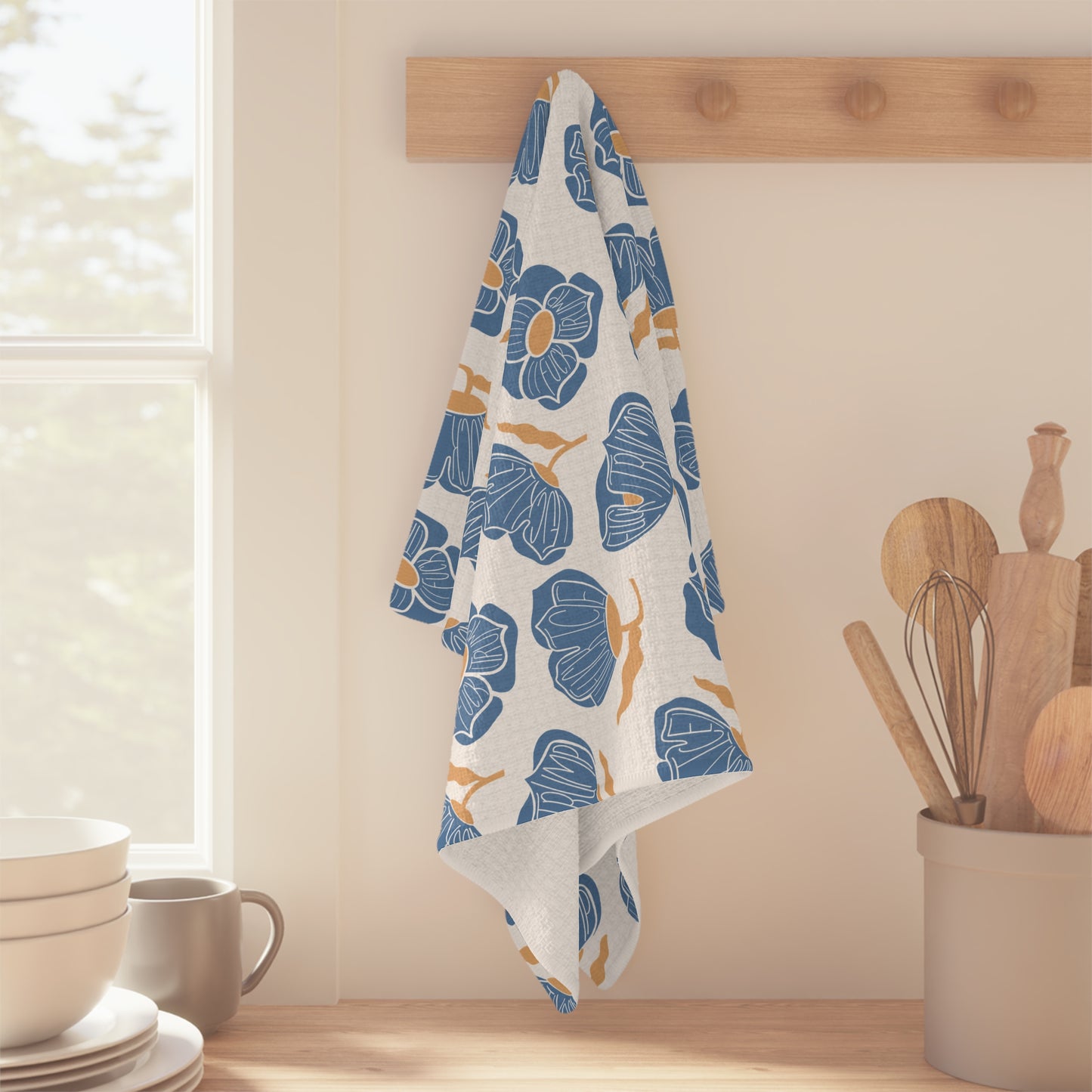 Slightly Subtle Blue Poppy Floral Pattern Microfiber Tea Towel | Botanical Kitchen Linen