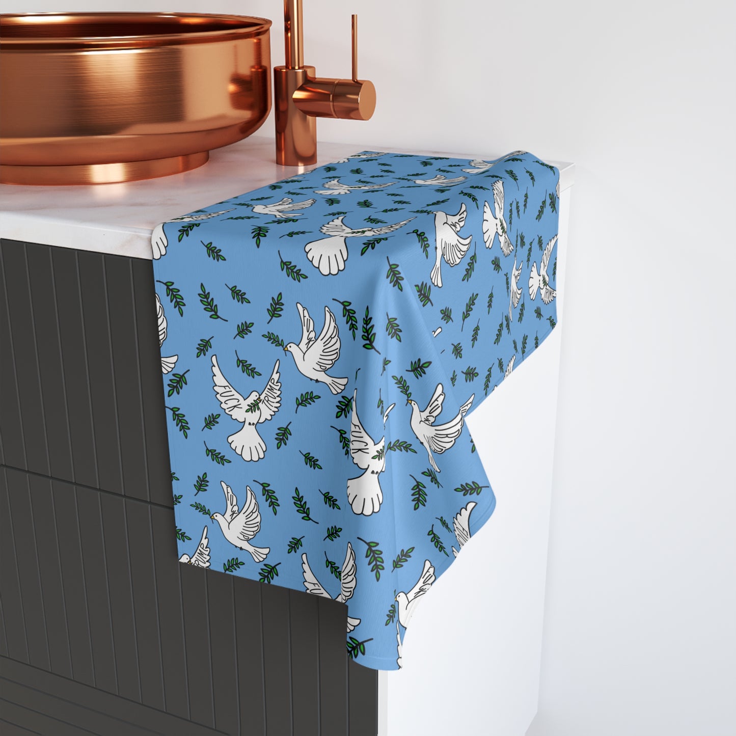 Slightly Subtle White Dove Pattern Hand Towel | Blue Olive Branch Motif