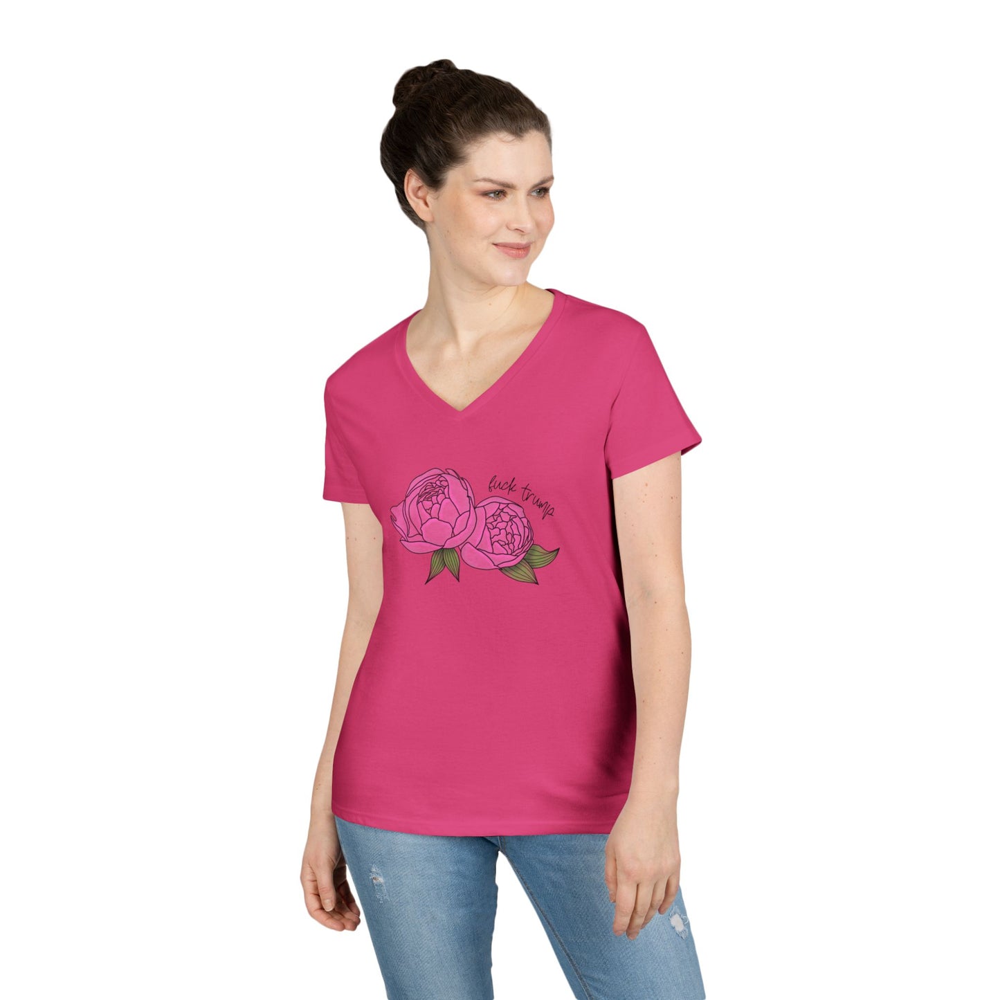 Pink Peony Illustration Ladies V-Neck Tee | Hand-Drawn Floral FDT