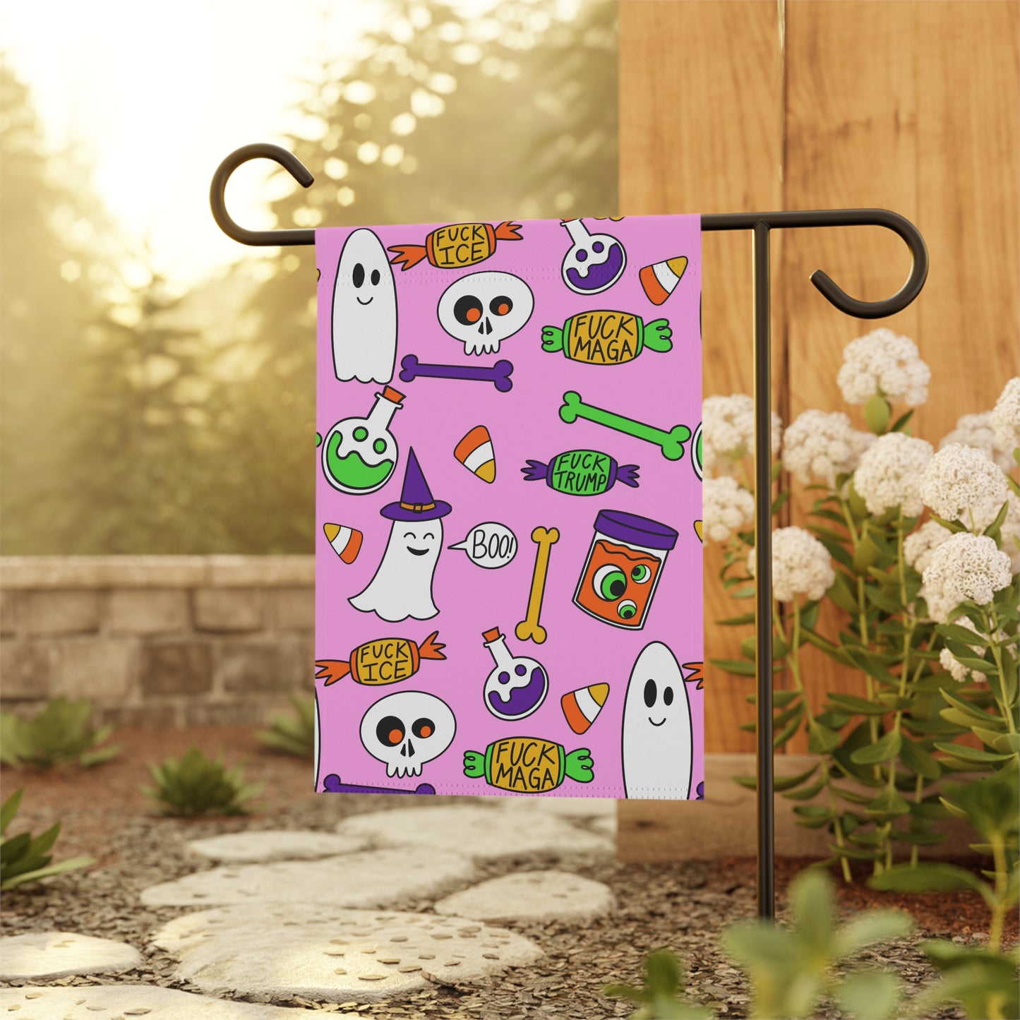 Halloween Political Garden Flag – Ghosts, Skulls & 'F**k Trump' Candy Pattern pink