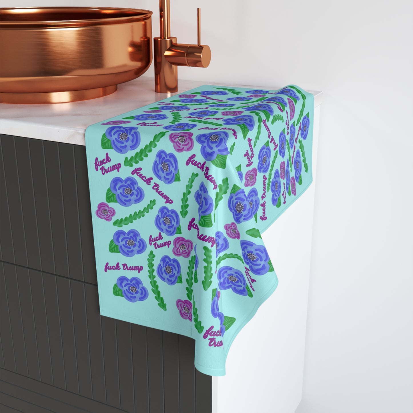 Slightly Subtle Purple Poppies on Aqua Hand Towel