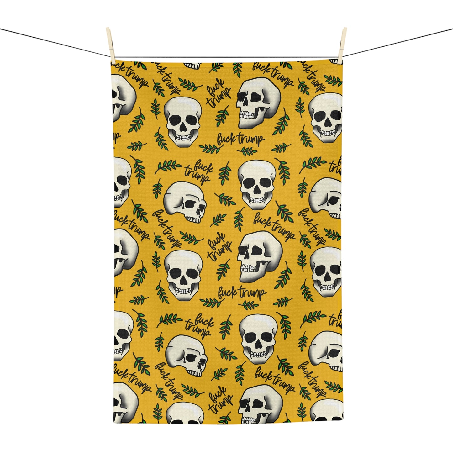 Slightly Subtle Skull Pattern with Leaves microfiber tea towel | Halloween spooky kitchen decor yellow
