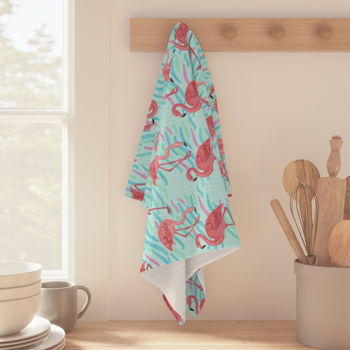 Flamingo Pattern Microfiber Tea Towel FDT Tropical Pink Flamingos on Aqua Waves