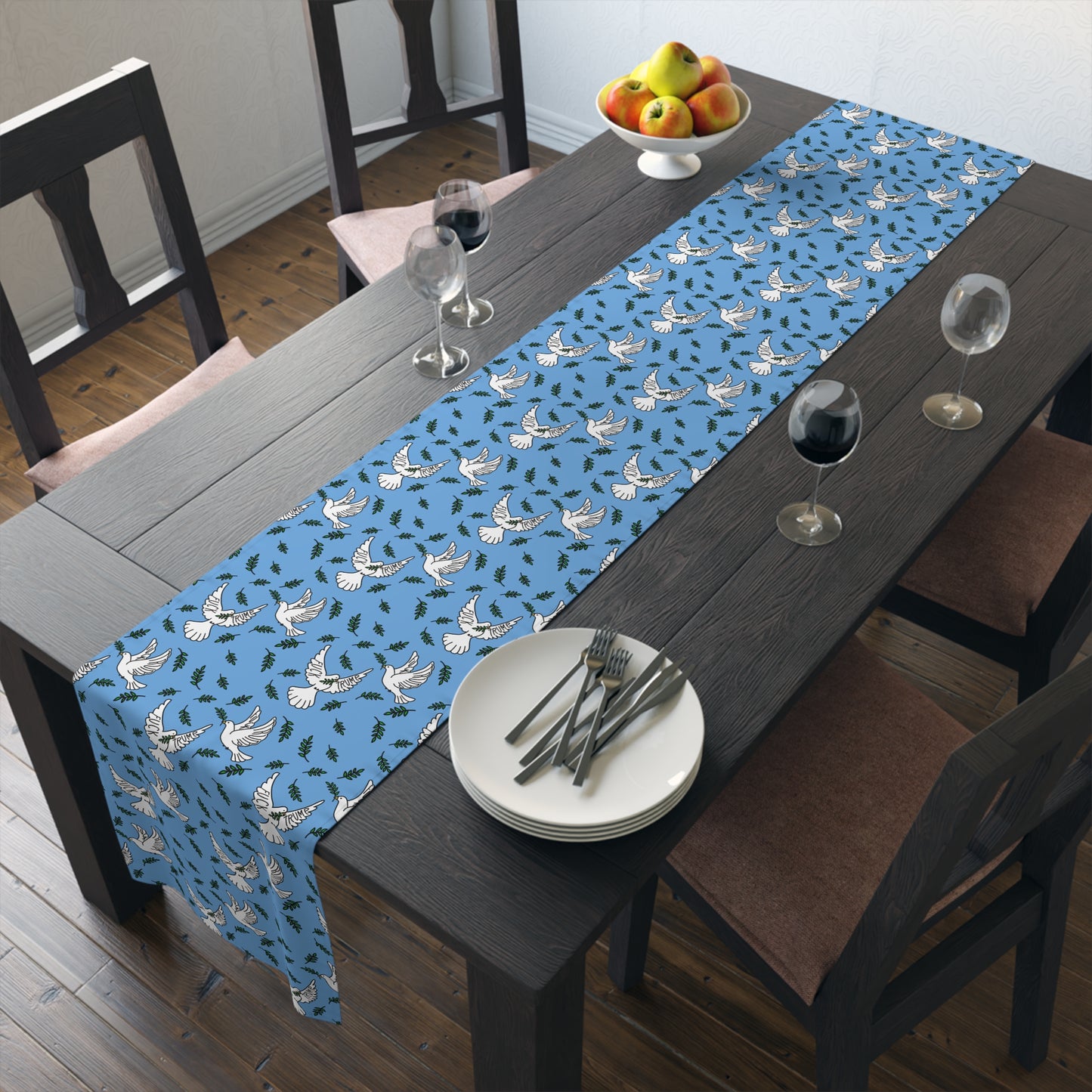Slightly Subtle White Dove Pattern Table Runner | Blue Olive Branches