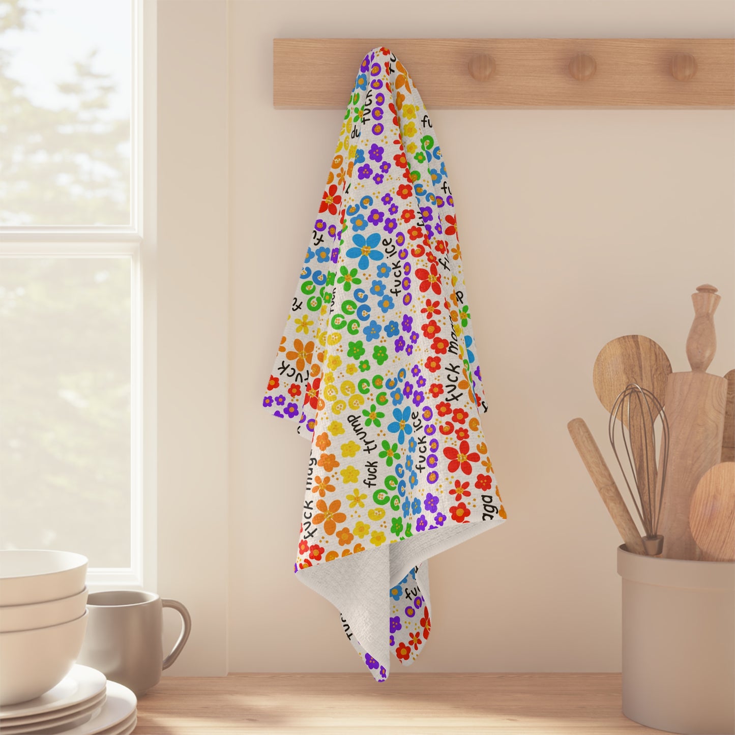 Slightly Subtle Rainbow Floral Print Pattern Pride Microfiber Tea Towel