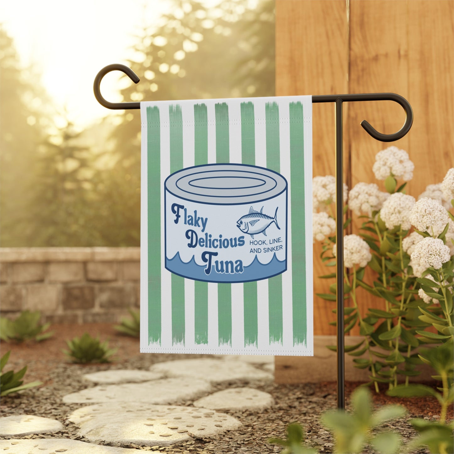 Tuna Can Garden Flag — Vintage 'Flaky Delicious Tuna' Striped House Banner FDT