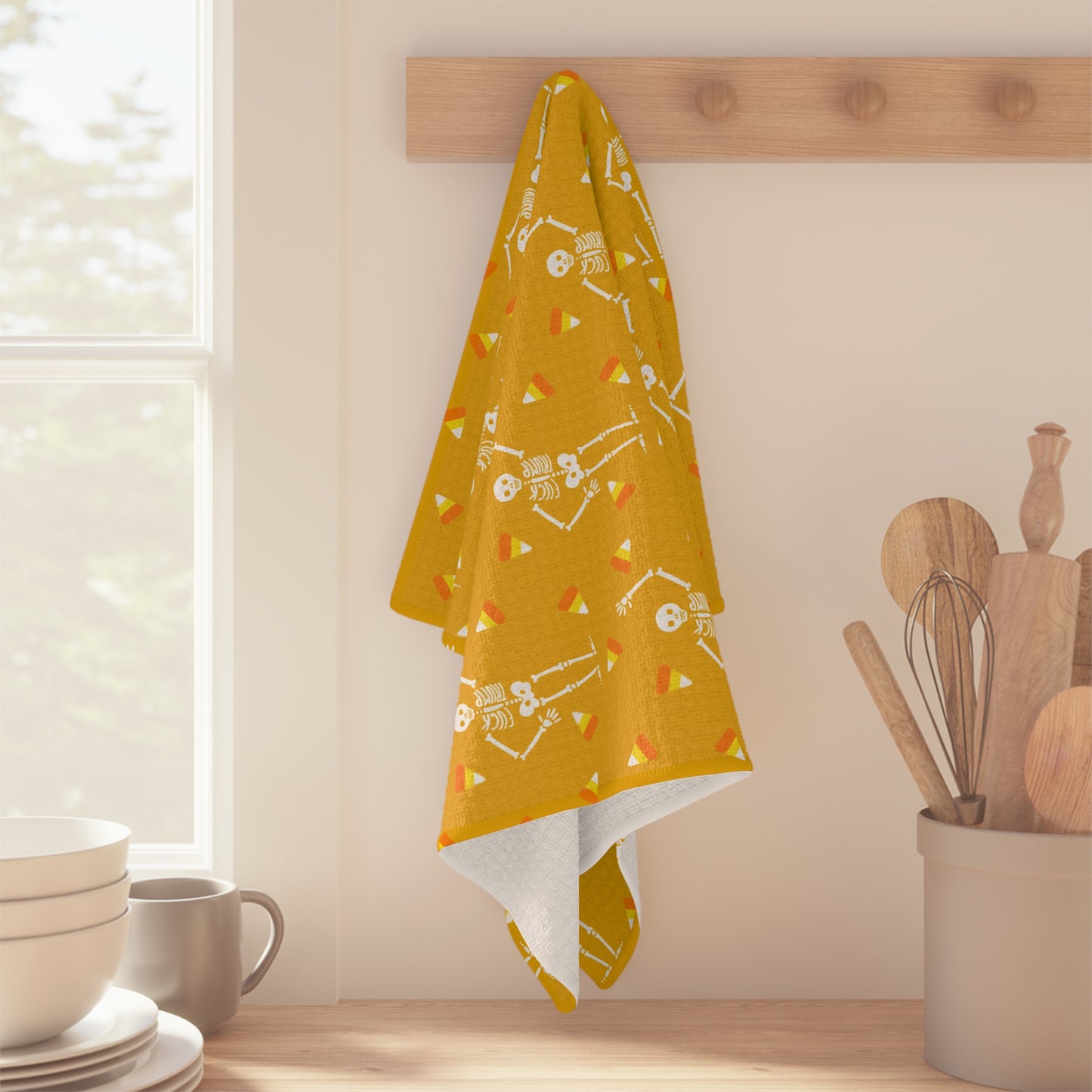 Halloween Skeleton & Candy Corn Microfiber Tea Towel Yellow