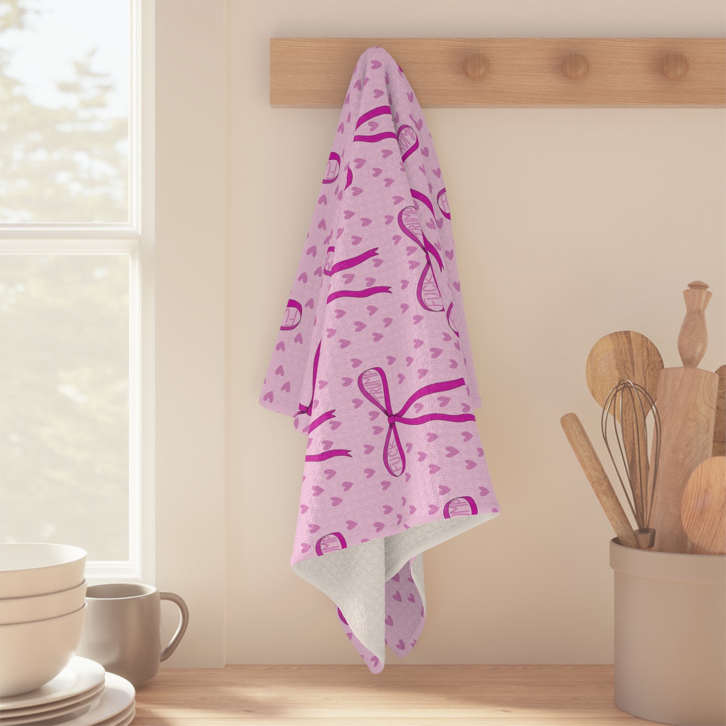 Slightly Subtle Pink Bow Pattern Microfiber Tea Towel | Cute Heart Background FDT