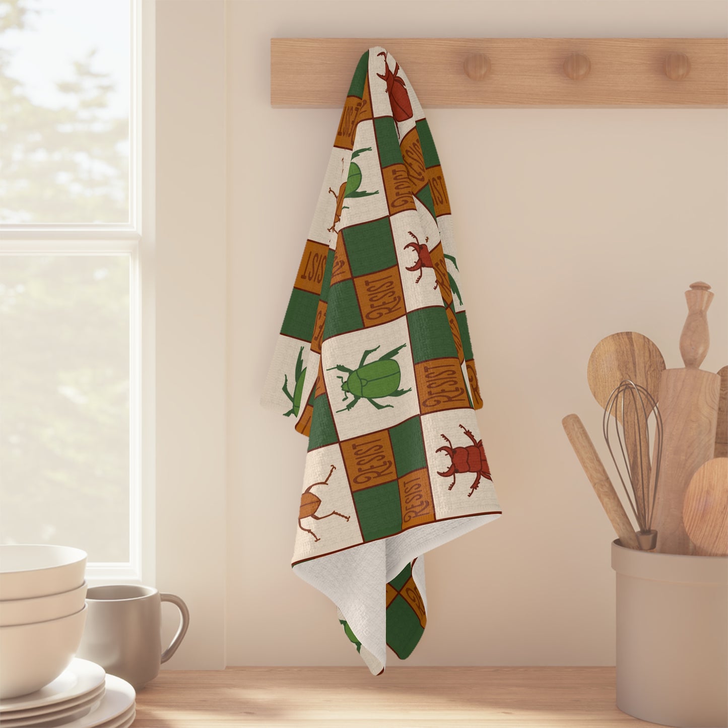 Resist Beetle Checker Microfiber Tea Towel — Retro Green & Rust Kitchen Decor