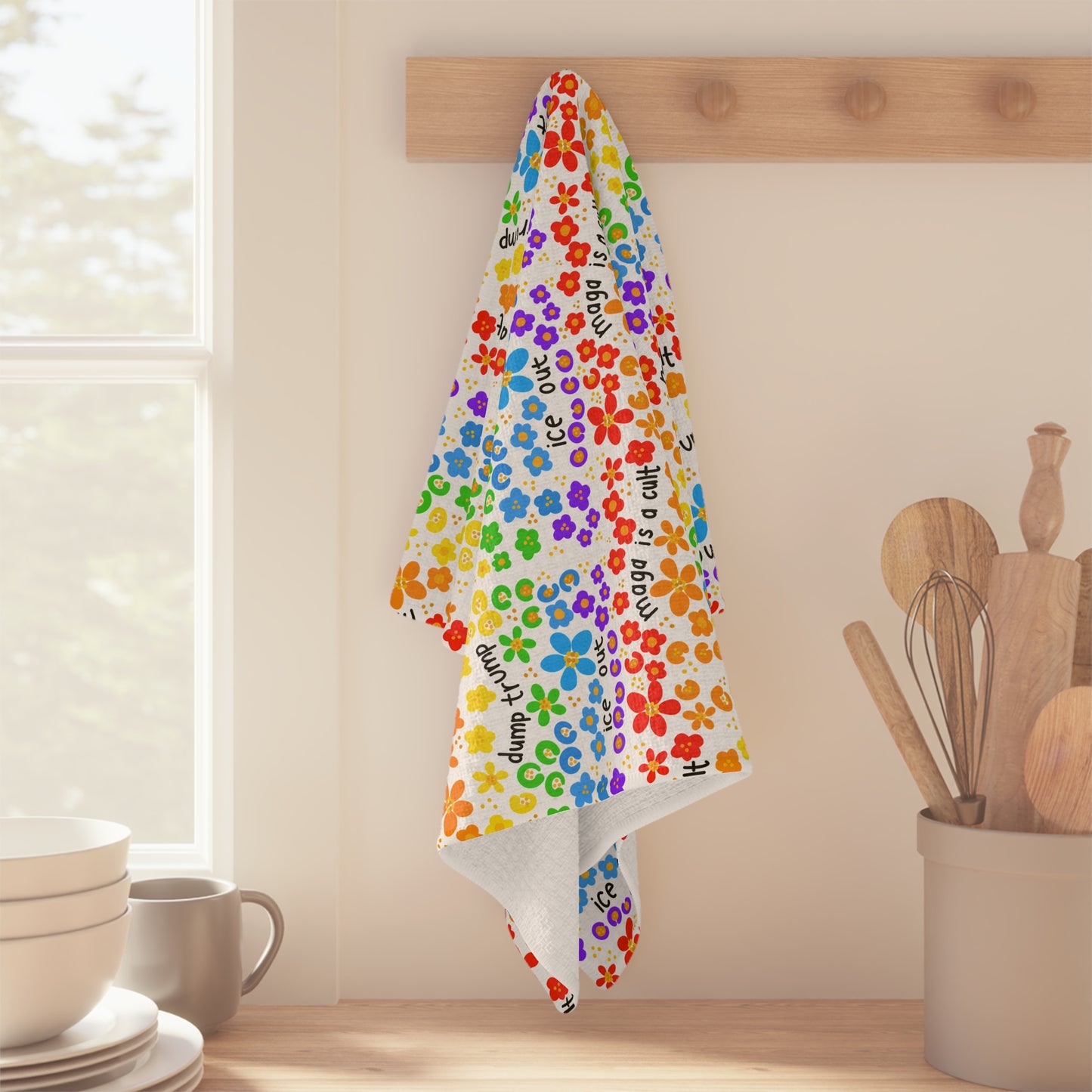 Slightly Subtle Rainbow Floral Pattern Microfiber Tea Towel | Colorful Pride Design