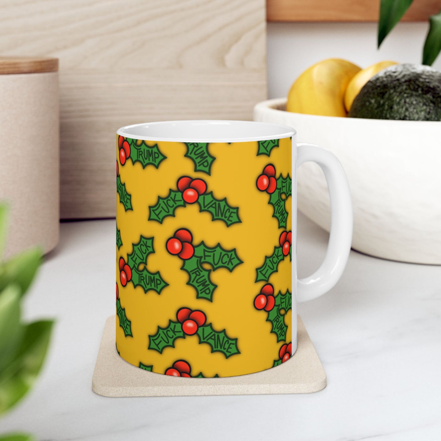 Slightly Subtle Holly Holiday Cheer Ceramic Mug, Christmas Drinkware, FDT Gift for Friends, Home Decor, Festive Coffee Cup, Winter