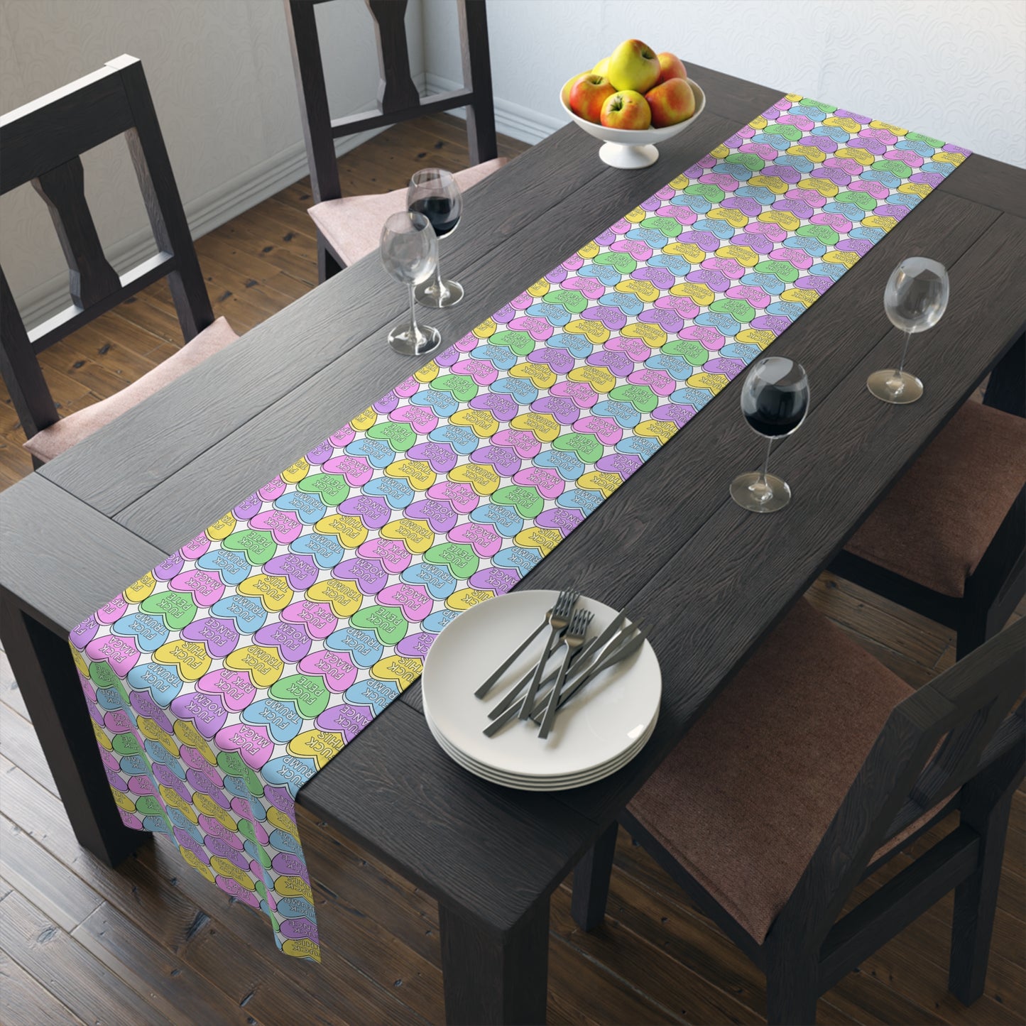 Slightly Subtle Conversation Heart Pattern Table Runner | Pastel Hearts Valentine’s Day Polyester
