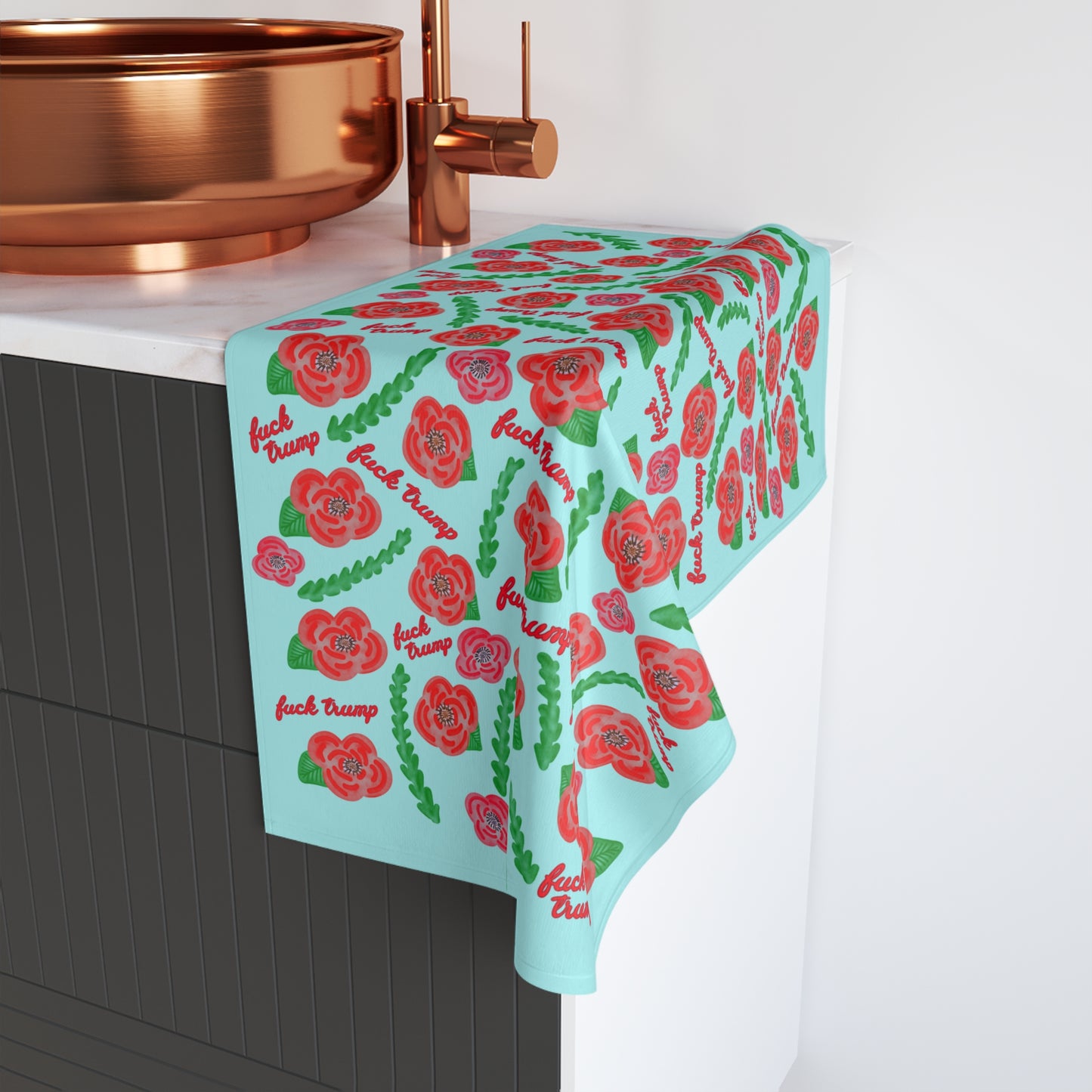 Slightly Subtle Red Poppies on Aqua Hand Towel