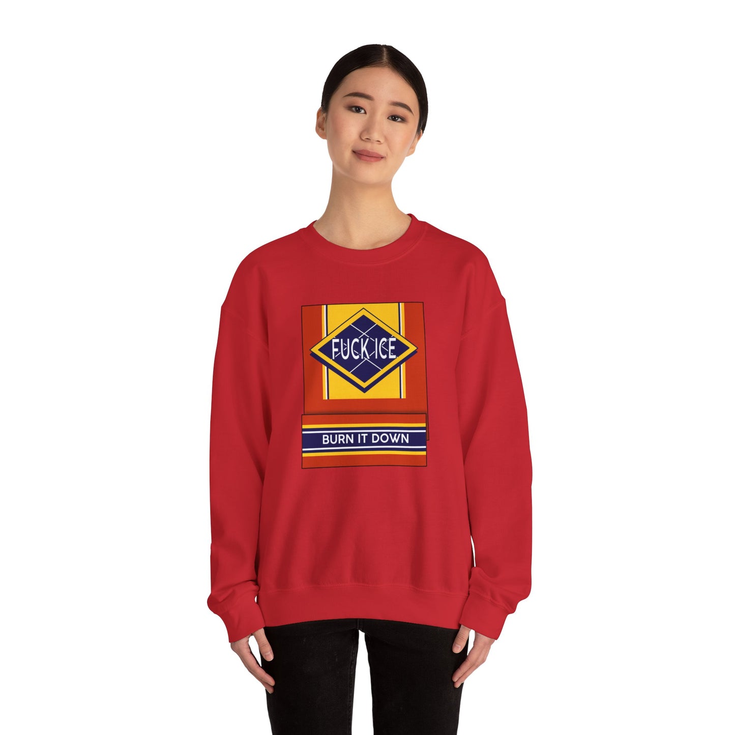 Matchbook graphic crewneck sweatshirt | Burn It Down design, protest slogan