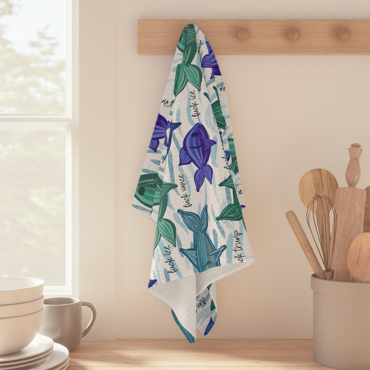 Painterly Fish Pattern Microfiber Tea Towel Blue & Green Coastal Kitchen Linen