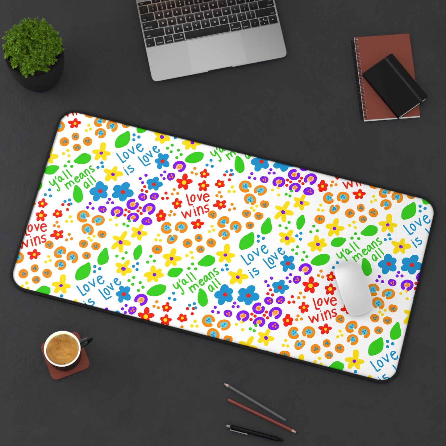 Love Wins Floral Pattern Desk Mat | Rainbow Flowers Pet Food Mat
