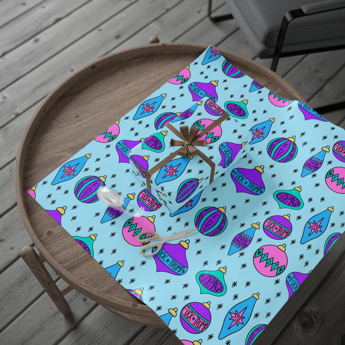 Slightly Subtle Retro Ornament Pattern Blue FDT Wrapping Paper | Blue Pink Holiday Wrap