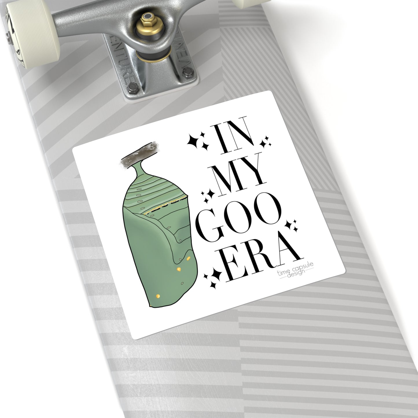 In My Goo Era Square Sticker | Chrysalis Caterpillar Butterfly Growth Illustration
