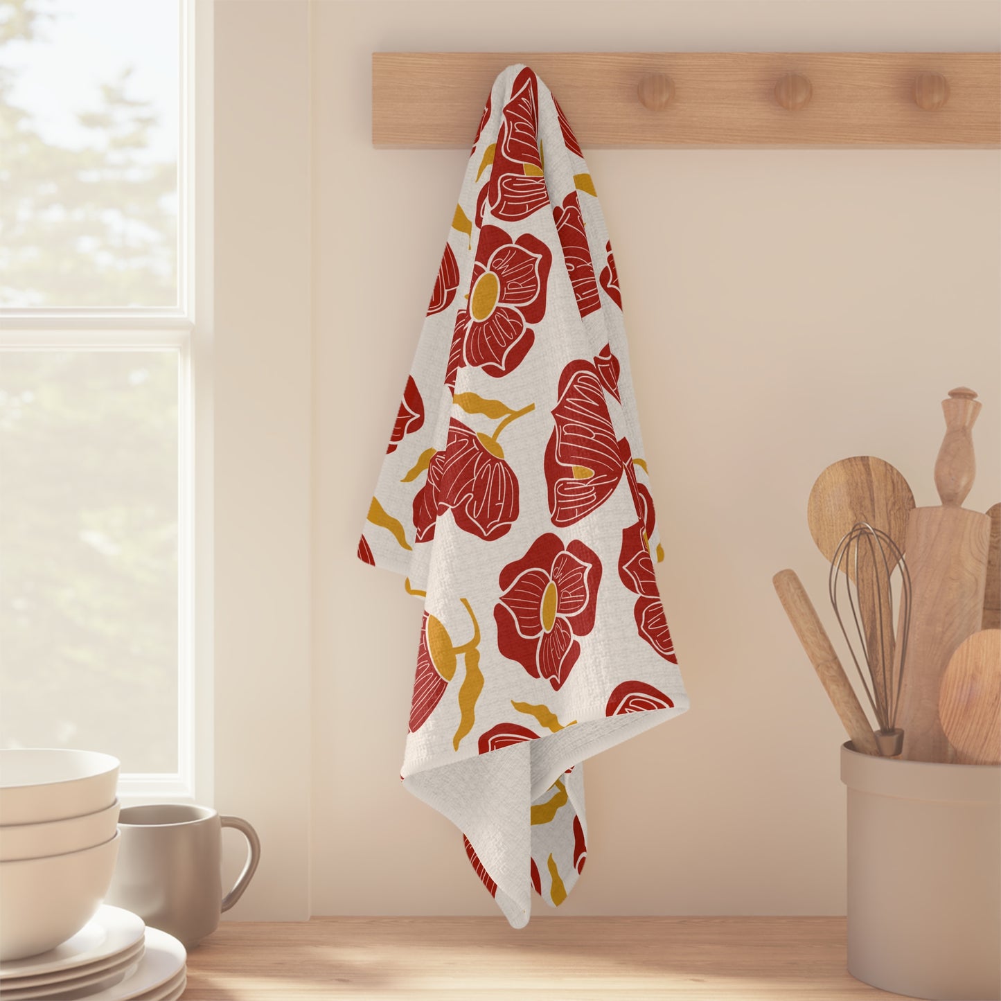 Slightly Subtle Red Poppy Pattern Microfiber Tea Towel | Floral Kitchen Linen