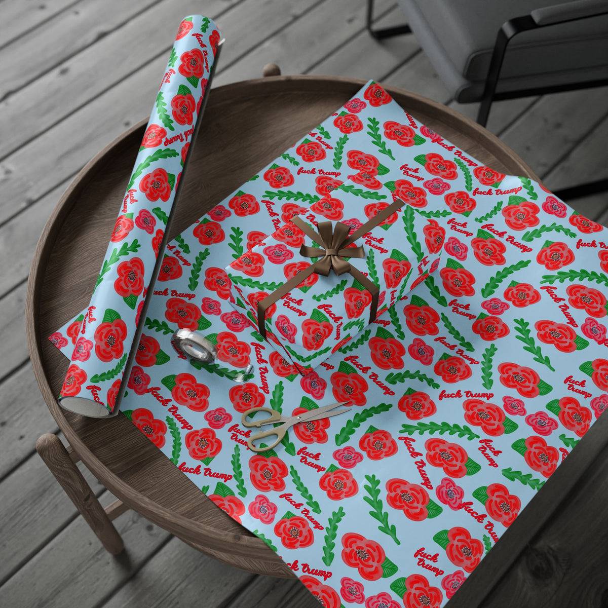 Slightly Subtle Red Poppies on Blue Gift Wrap, Funny Holiday Gift Wrap, Poppy Flower Wrapping, Political Wrapping Paper for Him