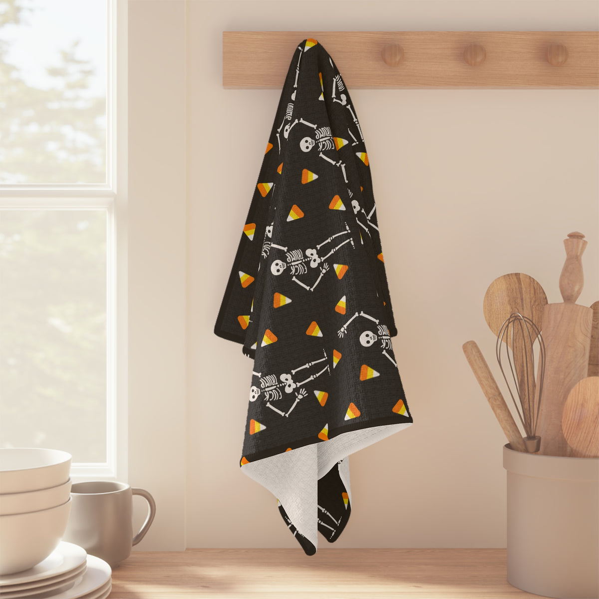 Halloween Skeleton & Candy Corn Microfiber Tea Towel Grey