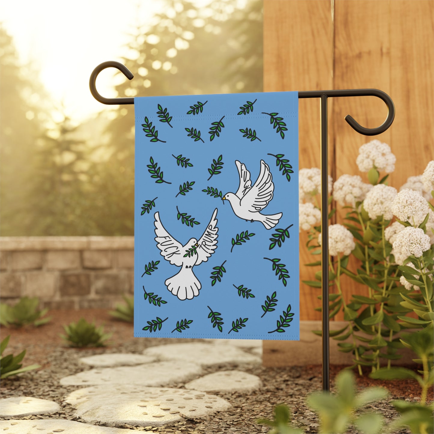 Slightly Subtle White Doves with Olive Branches Garden Flag