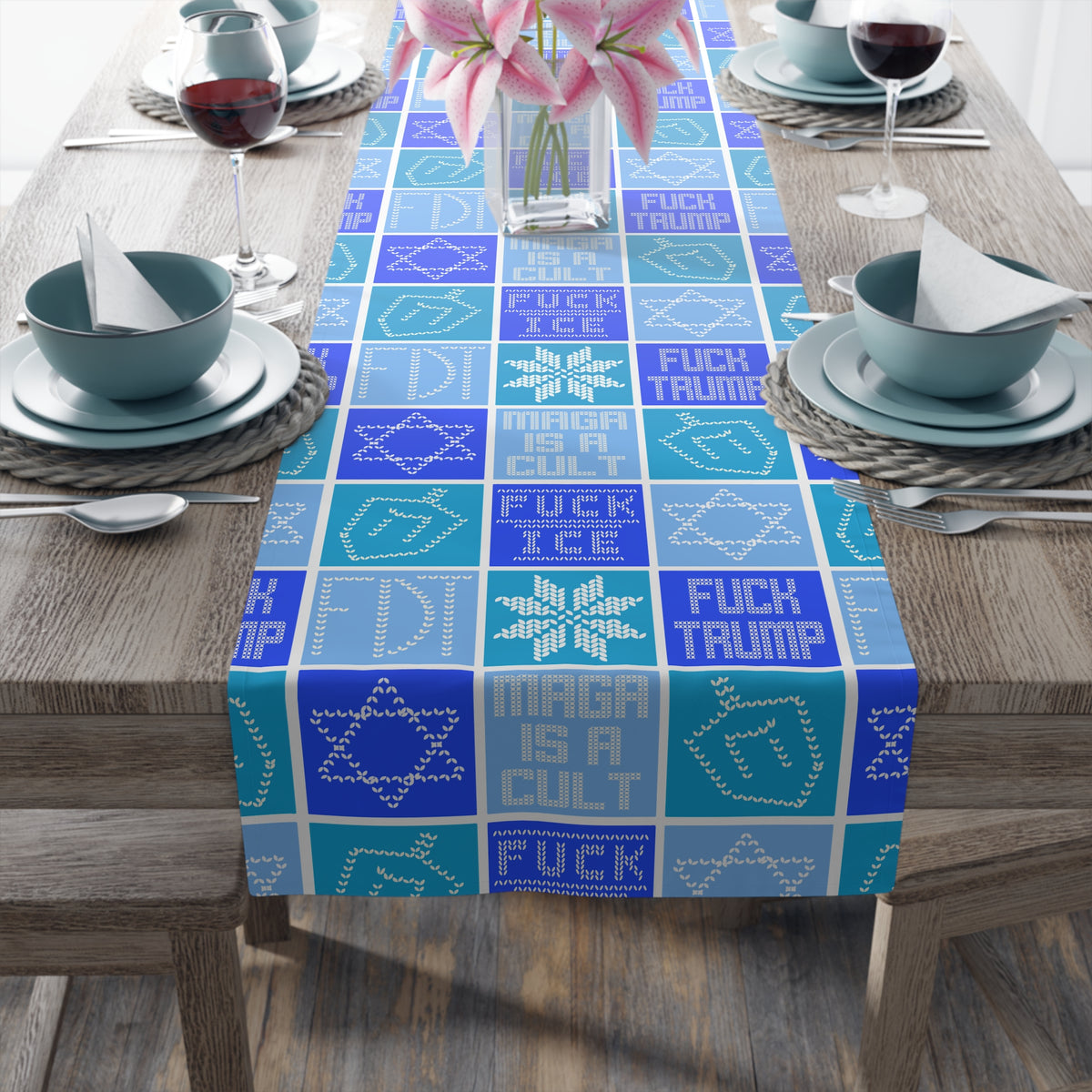 Hanukkah FDT Dreidel Patchwork Checkered Blue Winter Table Runner