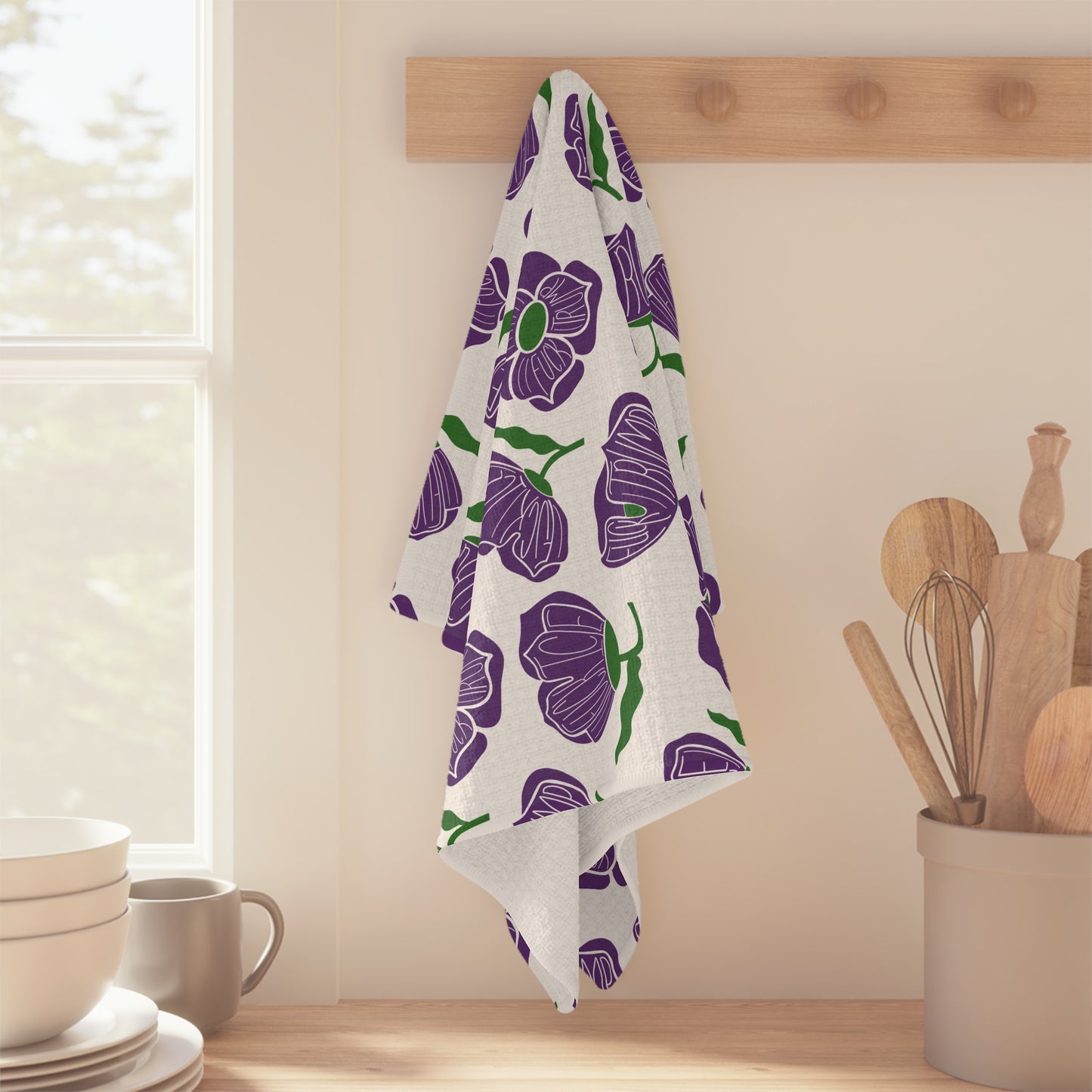 Slightly Subtle Purple Poppy Pattern Microfiber Tea Towel | Floral Kitchen Linen