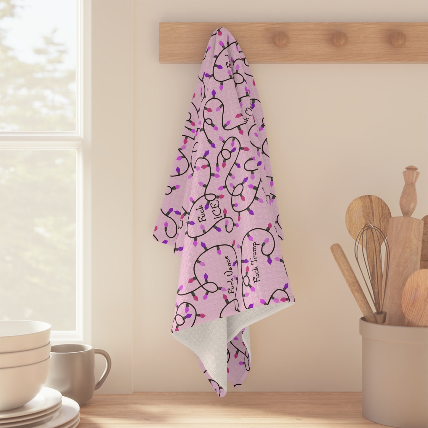 Pink Holiday Lights Microfiber Tea Towel fdt Christmas Kitchen Towel