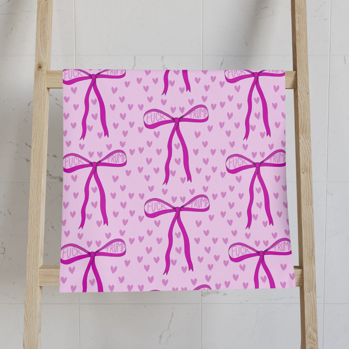 Slightly Subtle Pink Bow Pattern Hand Towel | Hearts, Cute Ribbon Design Valentines Day Gift