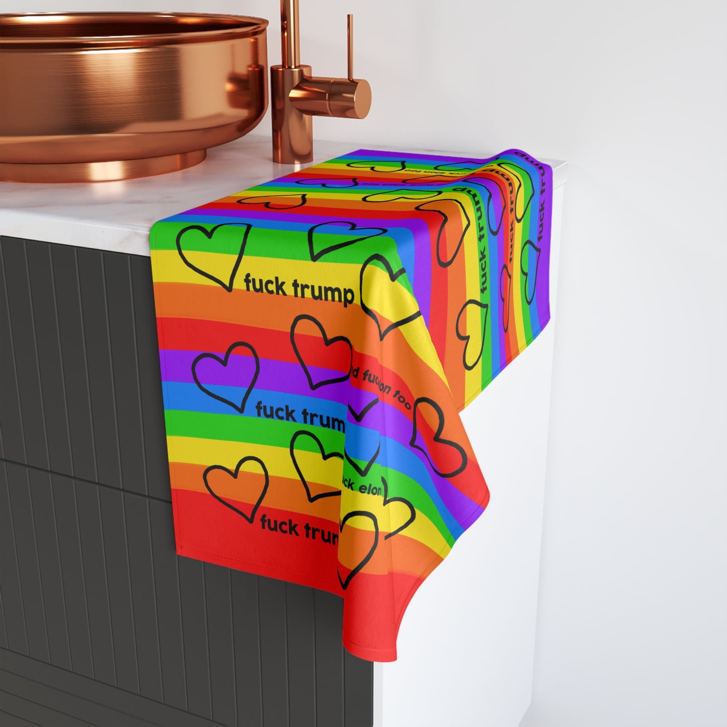 Slightly Subtle Pride with Black Hearts Rainbow Hand Towel, Fun Bathroom Decor, LGBTQ+ Pride, Political Humor, Gift for Activists