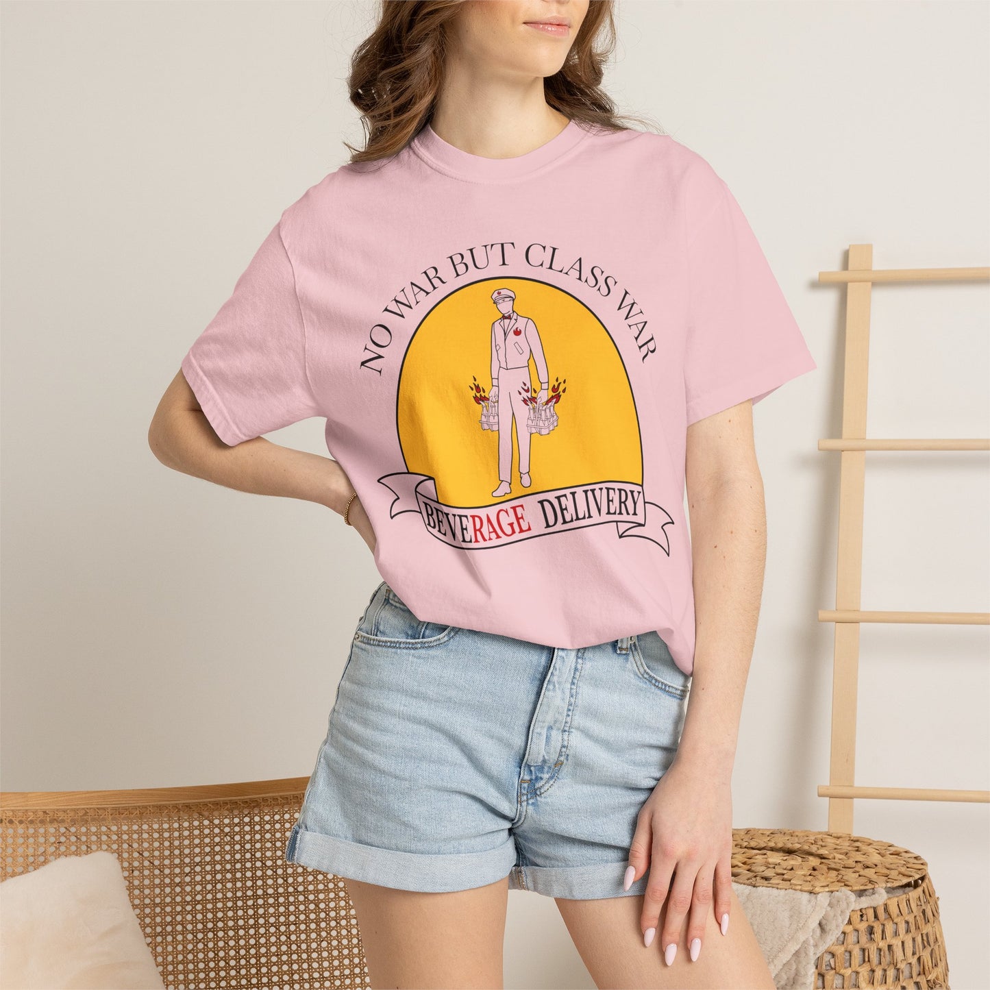 No War But Class War Beverage Delivery T-shirt | Delivery Worker Illustration