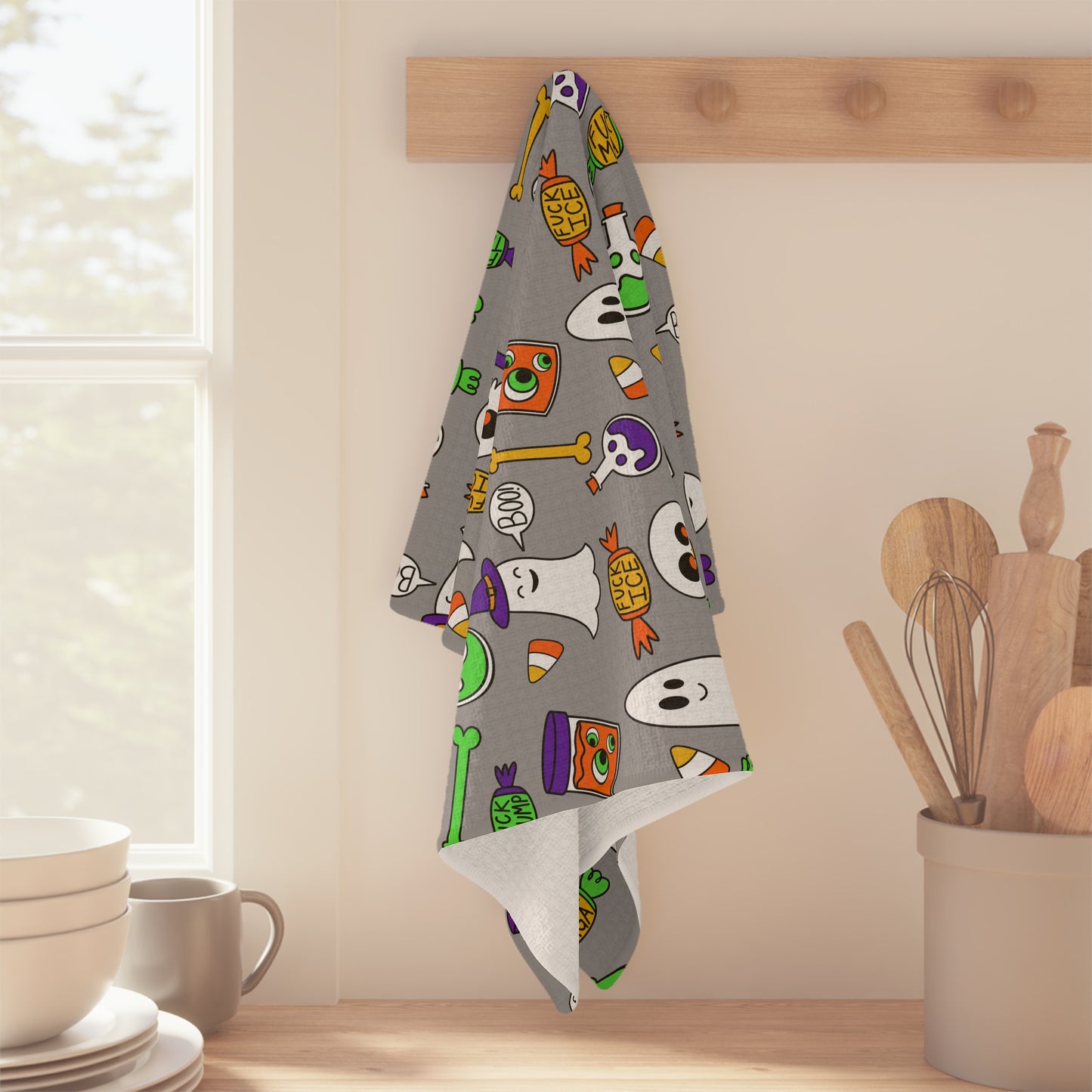 Halloween Ghosts & Candy Microfiber Tea Towel — Cute Spooky Kitchen Towel grey