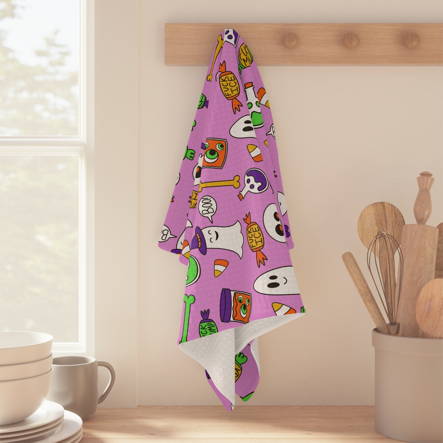 Halloween Ghosts & Candy Microfiber Tea Towel Cute Spooky Kitchen Towel pink