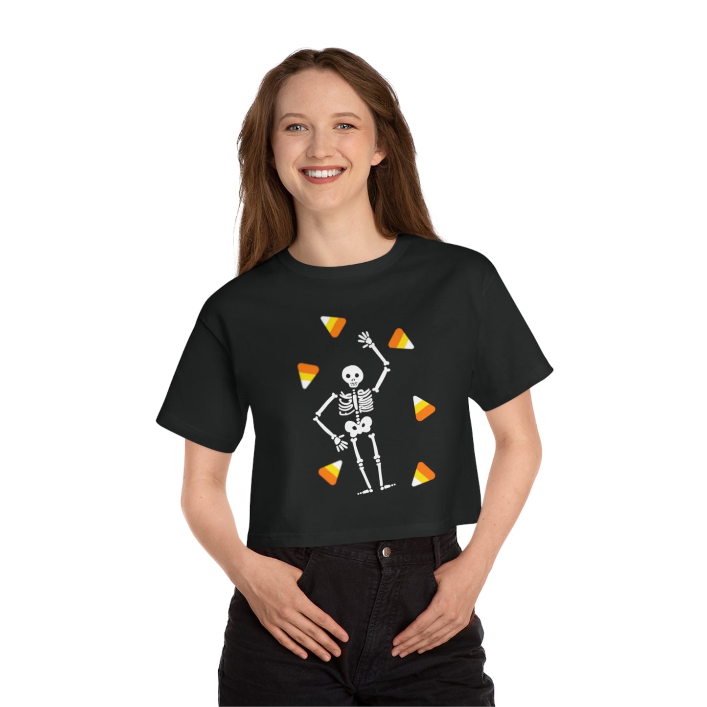 Slightly Subtle Skeleton Candy Halloween Cropped T-Shirt, Spooky Tee, Cute Halloween Apparel, Trick or Treat Top, Festive Cropped Shirt