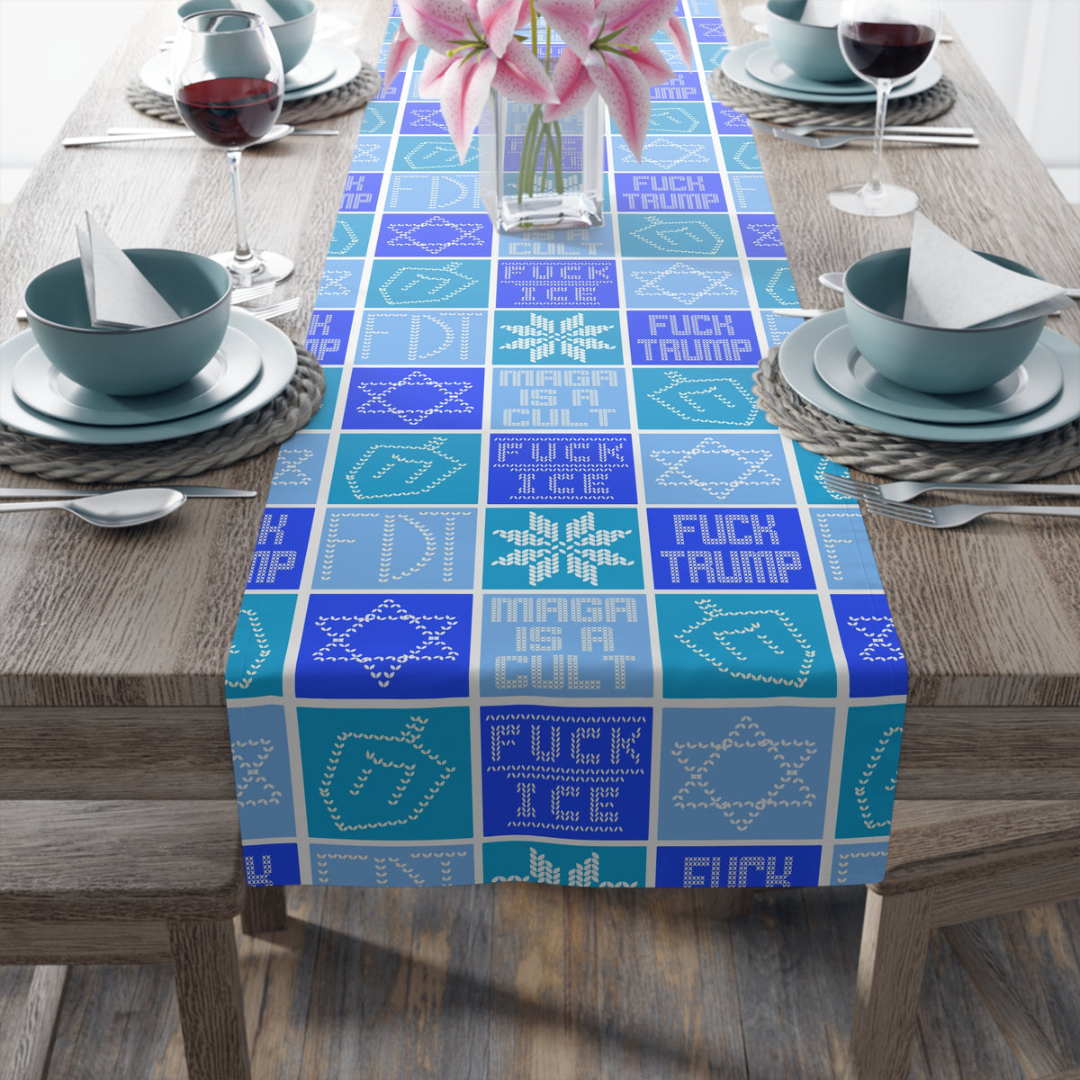 Hanukkah FDT Dreidel Patchwork Checkered Blue Winter Table Runner