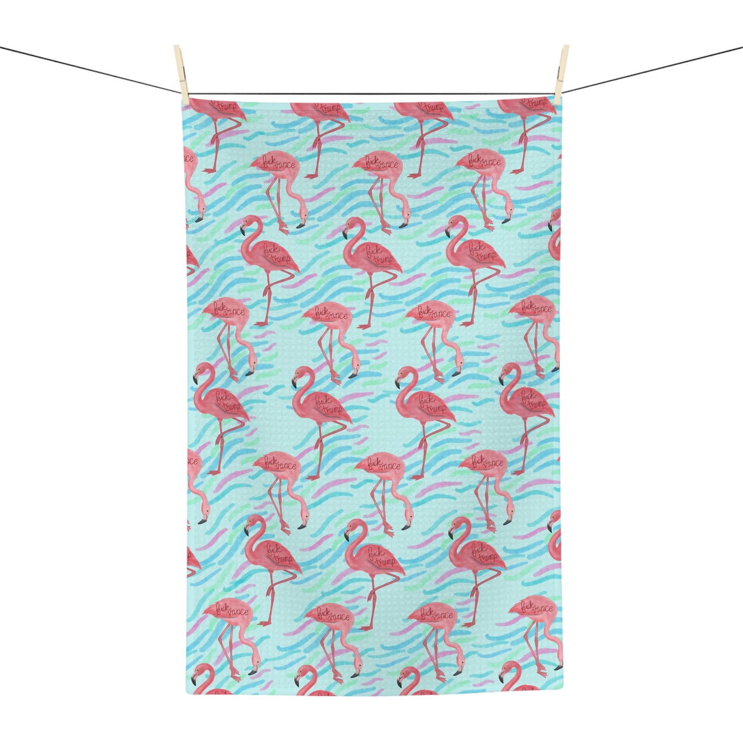 Flamingo Pattern Microfiber Tea Towel FDT Tropical Pink Flamingos on Aqua Waves