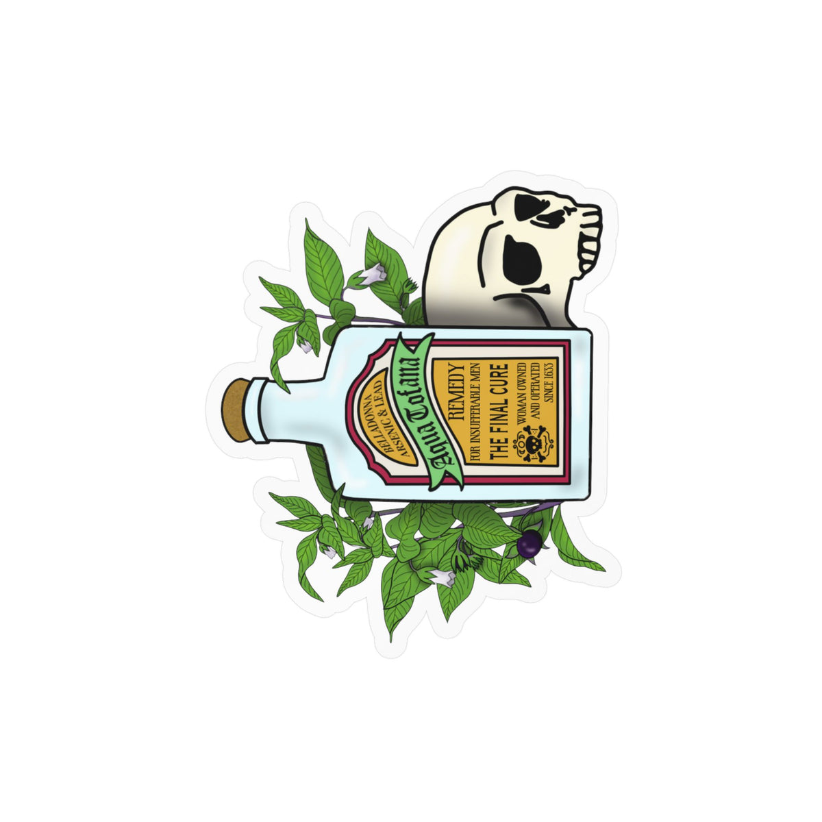 Herbal Aqua Tofana Tonic Bottle Sticker  Skull & Belladonna Kiss-Cut Vinyl Decal