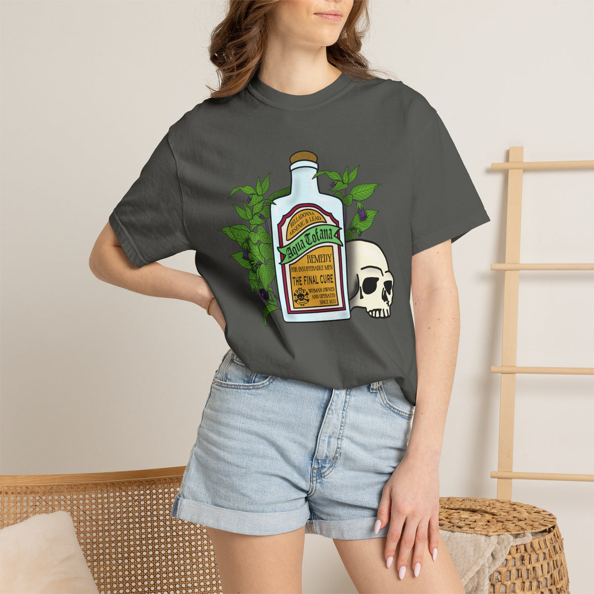 Skull & Remedy Bottle T-Shirt Aqua Tofana Vintage Apothecary Graphic Tee