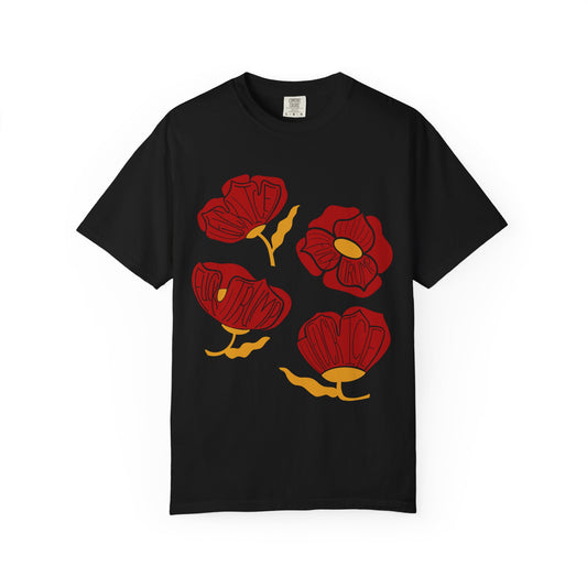 Slightly Subtle Red Abstract Poppy Flowers T-Shirt | Floral Graphic Tee FDT