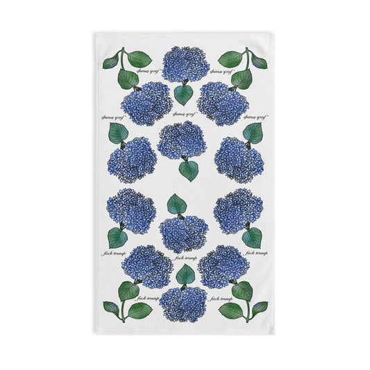 Slightly Subtle Hydrangea Towel on White, Floral Kitchen Decor, Gift for Gardeners, Blue Flower Towel, Spring Home Decor, Political Gag Gift
