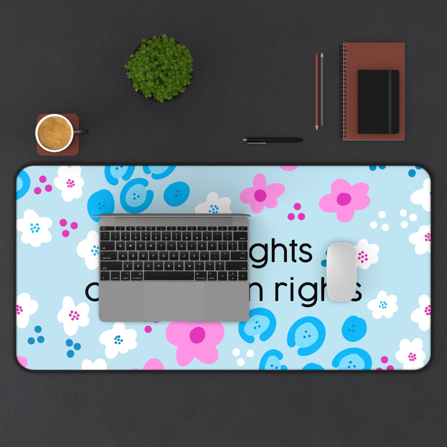 trans rights are human rights Desk Mat | Floral Blue Pink Affirmation pet mat