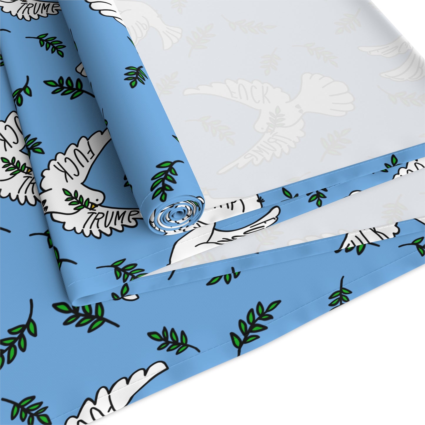 Slightly Subtle White Dove Pattern Table Runner | Blue Olive Branches