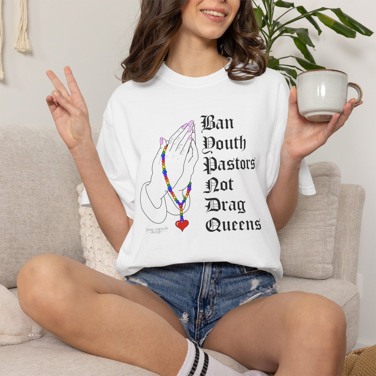 Ban South Pastors Not Drag Queens T-Shirt — Prayer Hands with Rainbow Rosary LGBTQ+ Ally Tee